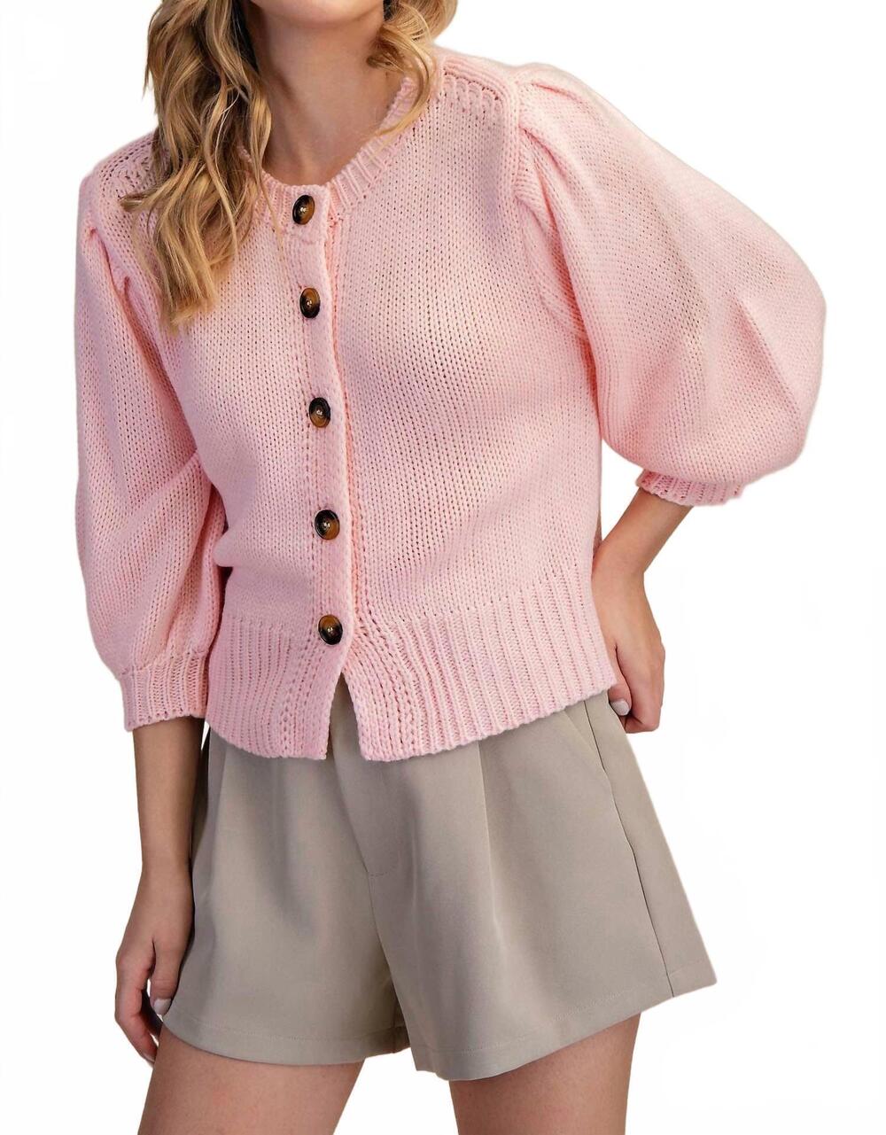 NEW GLAM short puff sleeve button down sweater in pink